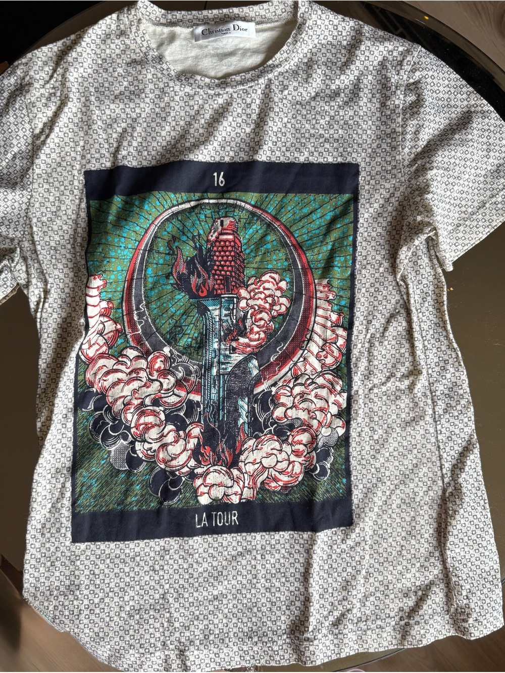 Dior White Patterned Short Sleeve Tee with Multicolor 'La Tour' Graphic - Picture 1 of 5